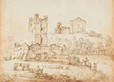 Giovanni Battista Busiri, Landschaft mit Ruinen und Schäfern, Feder und Tusche auf beigem Papier