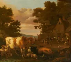 Albert Klomp, Dorfszene mit Kühen, 1677, Öl auf Leinwand