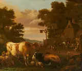 Albert Klomp, Dorfszene mit Kühen, 1677, Öl auf Leinwand