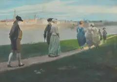 Sonntagsspaziergang am Oberkasseler Ufer vor Düsseldorf by Wilhelm Schreuer, Pastellkreide auf Karton, sold May 2023