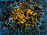 Jörg Immendorff, Café de Flore, 1997/2003, Farbserigrafie und Linolschnitt auf Leinwand