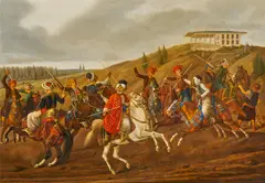 Carl Adolph Heinrich Hess, In den Kampf aufbrechende orientalische Reiter, Öl auf Holz