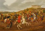 Carl Adolph Heinrich Hess, In den Kampf aufbrechende orientalische Reiter, Öl auf Holz