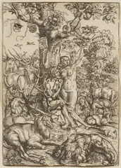 Lucas Cranach d.Ã., Der Sündenfall. Adam und Eva im Paradies, 1509, Holzschnitt auf Papier