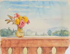 Kurt Kühn, Blmenstrauß auf dem Balkon des Künstlers mit Ausblick auf den Waginger See, Aquarell auf Velin