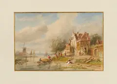 Charles Leickert, Holländische Kanallandschaft mit Wäscherinnen am Ufer, Aquarell auf Papier
