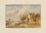 Charles Leickert, Holländische Kanallandschaft mit Wäscherinnen am Ufer, Aquarell auf Papier