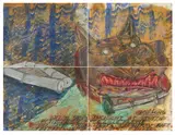 Dennis Oppenheim, "Detail Study: Incident at Stutter Pond. 200' long. Project for Lille, France. Underwater strobe lights- car with mask- raft- steel arcs-letters- flowers on bleachers", 1994, Jeweils: Mischtechnik auf leichtem Karton