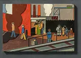 Gerd Arntz, "Mittag vor der Fabrik", 1927, Bemalter Druckstock auf Sperrholzplatte montiert