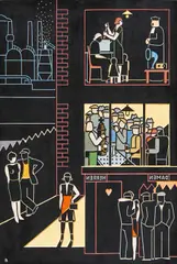 Gerd Arntz, "Feierabend", 1931/1979, Bemalter Druckstock auf Sperrholzplatte montiert