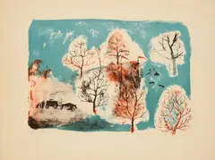 Aus: Lecture par Henri Michaux de huit lithographies de Zao Wou-Ki by Zao Wou-ki, 1950, Farblithografie auf Bütten, sold Sep 2023