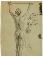Otto Greiner, Aktstudie eines Knaben von hinten sowie Handstudien, 1892, Schwarze Kreide, weiß gehöht auf Papier