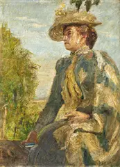 Max Slevogt, Nini auf der Mauer (auch: Bildnis einer Dame im Freien, Nini), 1899, Öl auf Leinwand
