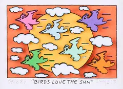 James Rizzi, Birds love the Sun, Farbserigrafie (3D-Druck) auf leichtem Karton