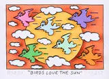 James Rizzi, Birds love the Sun, Farbserigrafie (3D-Druck) auf leichtem Karton
