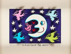 James Rizzi, Birds love the moon, 2022, Farbserigrafie (3D-Druck) auf leichtem Karton