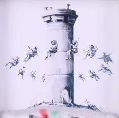 Banksy, Ohne Titel, Ca. 2017, Gips, teilweise farbig gefasst, vor digitalem Druck, in Kastenrahmen