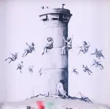 Banksy, Ohne Titel, Ca. 2017, Gips, teilweise farbig gefasst, vor digitalem Druck, in Kastenrahmen