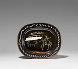 Corrida on black ground by Pablo Picasso, 1953, Weißes Steingut, partiell farbig gefasst und glasiert; ceramic, Madoura edition, sold Nov 2022