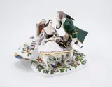 Freimaurergruppe mit Mops by Meissen, 1910, Porzellan, farbig und gold dekoriert, sold May 2023
