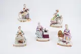 Folge von Damenfiguren als Allegorien der "Fünf Sinne" by Meissen, Vor 1924 bzw. zweimal 20. Jh, Porzellan, farbig und gold staffiert, sold May 2023