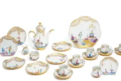 Meissen, Kaffeservice "1001 NACHT" für sechs Personen, Porzellan, farbig und gold staffiert