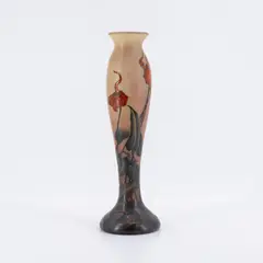 Muller Frères, Balustervase mit Blumenrispen, 1900-1930, Farbloses Glas, milchig gelb hinterfangen, partiell mit orangen Pulvereinschmelzungen