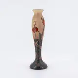 Muller Frères, Balustervase mit Blumenrispen, 1900-1930, Farbloses Glas, milchig gelb hinterfangen, partiell mit orangen Pulvereinschmelzungen