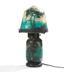Muller Frères, Kleine Tischleuchte mit Waldsee, Nach 1910, Farbloses Glas, partiell mit weißen Pulvereinschmelzungen hinterfangen