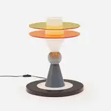 Bay table lamp by Ettore Sottsass, 1983, plastic, enameled steel, glass, sold Jan 2024