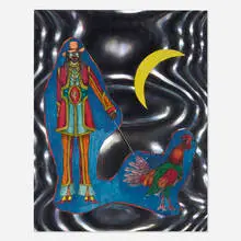 St. Marks (Man Walking a Rooster by a Crested Moon) by Richard Lindner, 1971, lithograph in colors collaged on Rowlux, sold May 2025