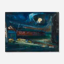Jean Liberte, Night Street Scene, oil and mixed media on paper