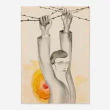 Karl Gasslander, Man Hanging onto Barbed Wire, watercolor on paper