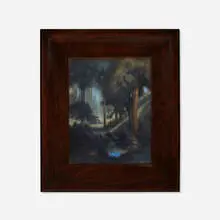 Carl Schmidt for Rookwood Pottery, Shady woodland scene (unusual Vellum plaque), 1916, glazed earthenware, original beech frame