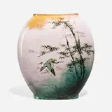 Matthew Daly for Matt Morgan Pottery, Large Limoges style scenic vase with flying heron and bamboo