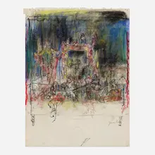 June Leaf, Table with Basket, pastel and charcoal on paper