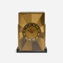 Modernique table clock, model 431 by Paul Theodore Frankl, 1928, brass, Bakelite, glass, sold Feb 2023