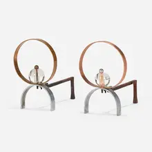 Andirons, pair by Modern, c. 1965, chrome-plated brass, copper, wrought iron, glass, sold Feb 2023