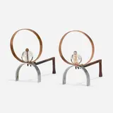 Andirons, pair by Modern, c. 1965, chrome-plated brass, copper, wrought iron, glass, sold Feb 2023