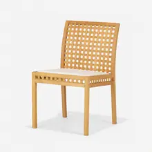 Prototype Lattice Wood dining chair by Richard Schultz, c. 1985, maple, canvas upholstery, sold Feb 2023