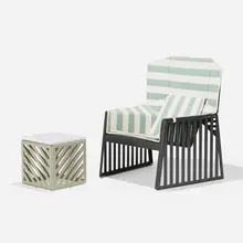 Richard Schultz, Production Prototype Wing chair and Prototype Wing occasional table, c. 2007, anodized aluminum, lacquered steel, upholstery