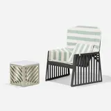 Richard Schultz, Production Prototype Wing chair and Prototype Wing occasional table, c. 2007, anodized aluminum, lacquered steel, upholstery