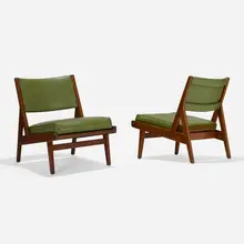 Jens Risom, Lounge chairs model U-431, pair, 1955, walnut, vinyl, wool upholstery, brass