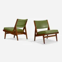 Jens Risom, Lounge chairs model U-431, pair, 1955, walnut, vinyl, wool upholstery, brass