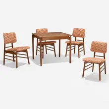 Dining set by Greta Magnusson Grossman, c. 1952, walnut, Alexander Girard upholstery, sold Feb 2023