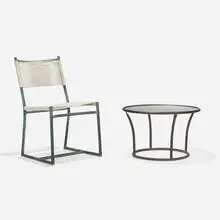 Chair by Walter Lamb, c. 1950, bronze, cotton-nylon cord, glass, sold Feb 2023