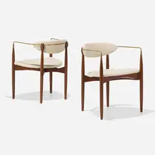 Armchairs, pair by Dan Johnson, c. 1955, walnut, upholstery, brass, sold Feb 2023