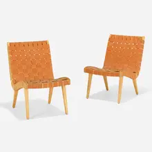 Lounge chairs model 654L, pair by Jens Risom, maple, canvas webbing, sold Feb 2023