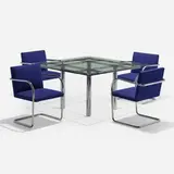 Dining set by Ludwig Mies van der Rohe and Afra and Tobia Scarpa, chrome-plated steel, glass, upholstery, sold Feb 2023