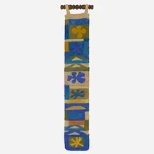 Tapestry by Evelyn Ackerman, c. 1960, hand-knotted wool, turned wood, sold Feb 2023